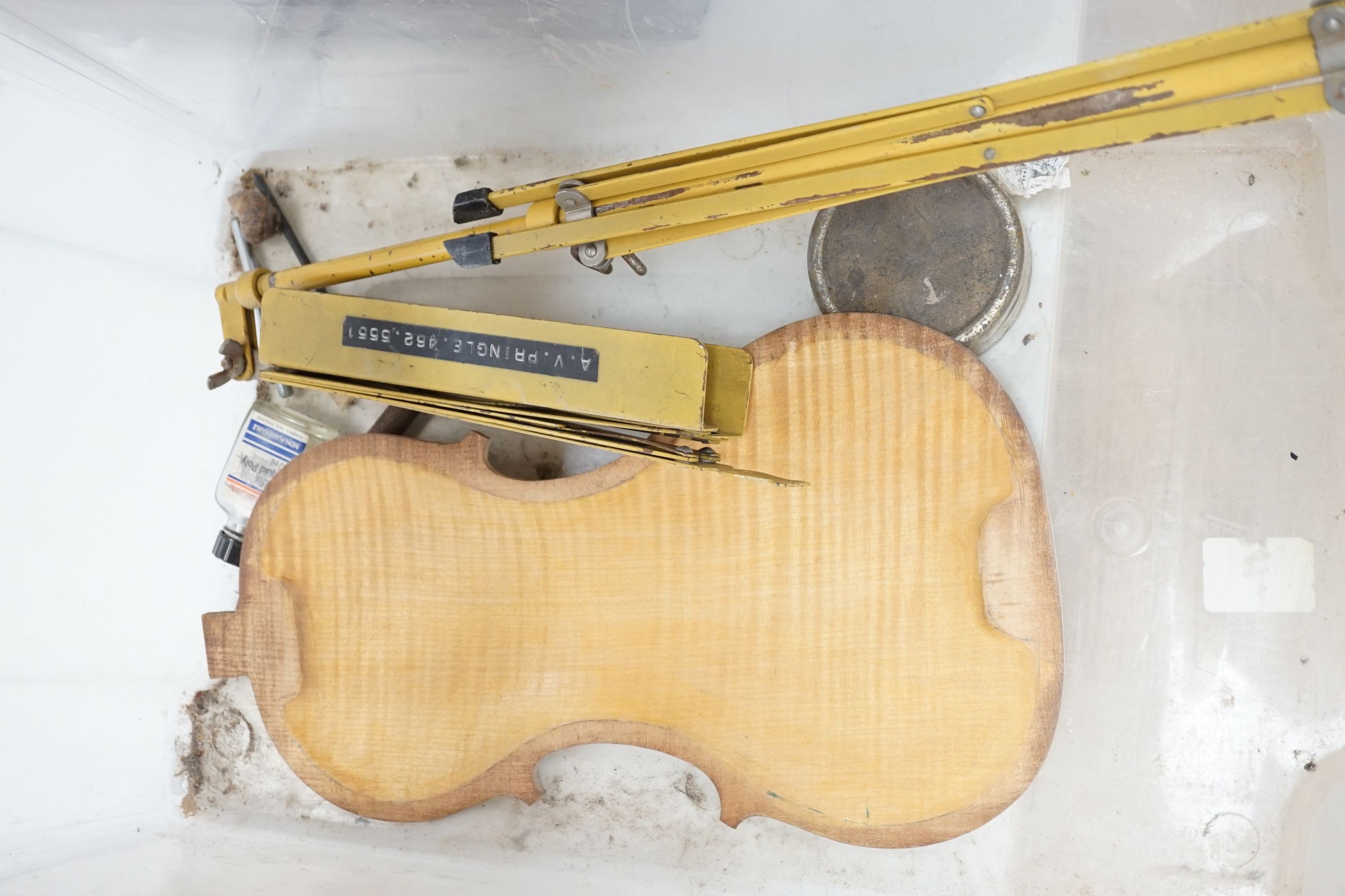 A Viola, assorted bows and a violin back
